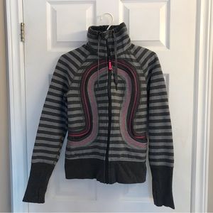 Lululemon size 6 grey stripe high neck sweatshirt with hot pink accents